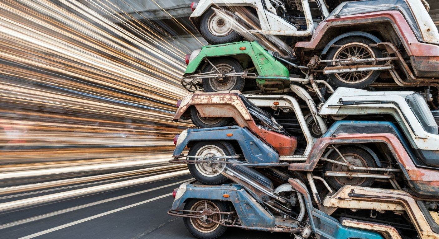 An abstract, impressionistic image of a stack of rusting, three-wheeled electric vehicles, their forms blurred into vibrant streaks of color and motion, conveying a sense of the transience of technological dreams.