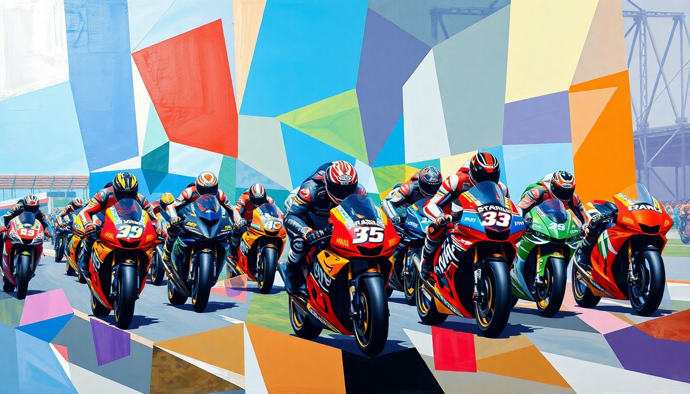 A fragmented, geometric painting depicting a MotoGP race scene, with the riders and bikes broken down into angular, colorful shapes, conveying the turbulent nature of Binder's career situation.