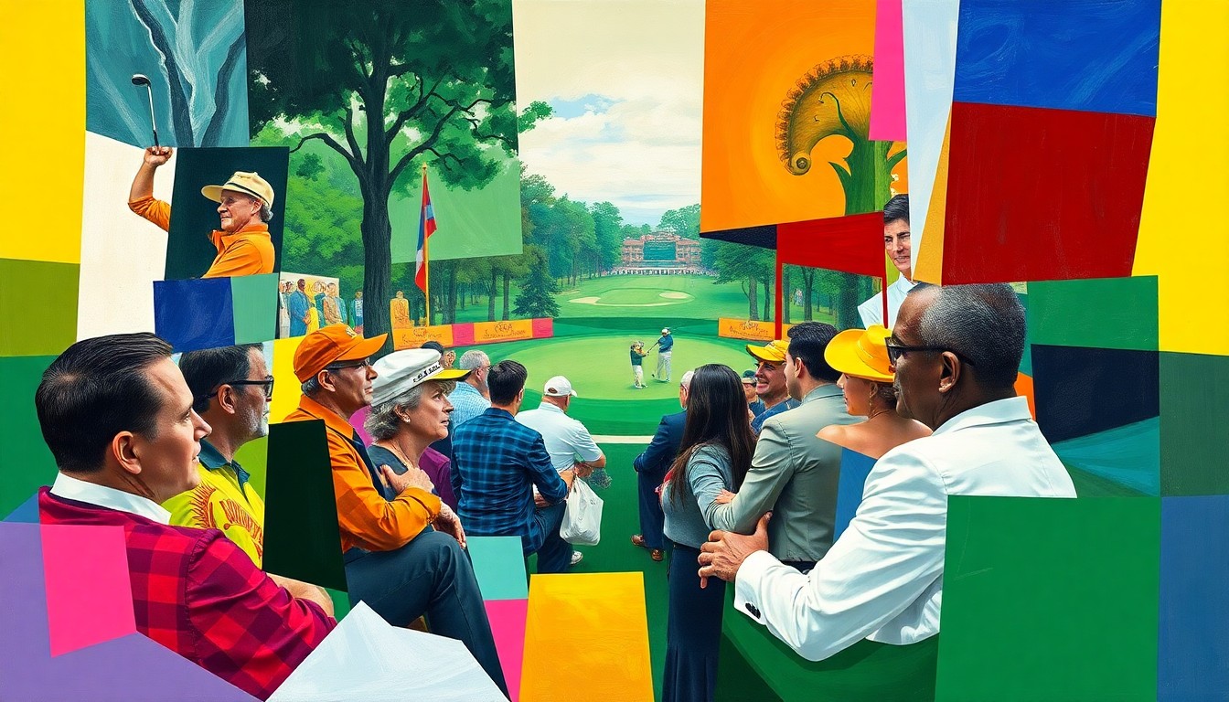 A cubist, geometric painting depicting fragmented, overlapping scenes of the Masters golf tournament, including people, golf equipment, and hospitality tents, all rendered in a vibrant color palette that captures the energy and complexity of the event.