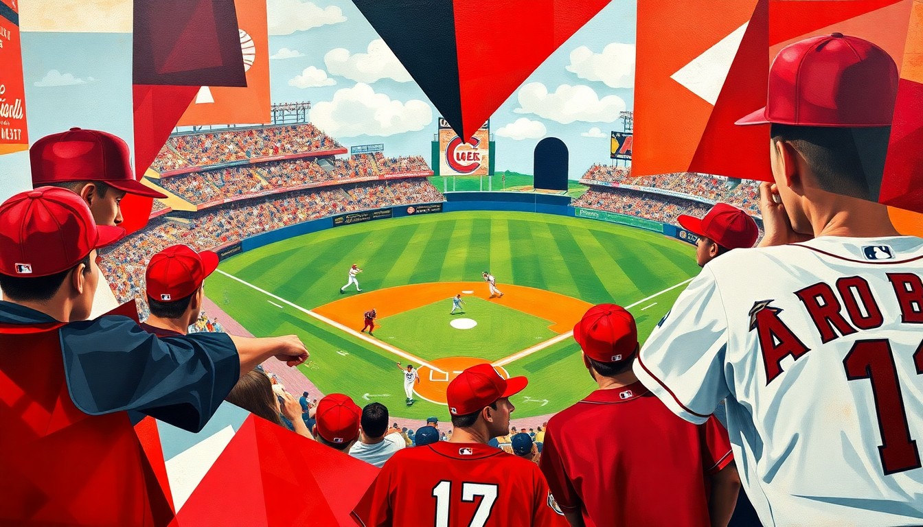 A fractured, multi-perspective painting breaking down a baseball game into sharp, overlapping geometric planes in vibrant red, black, white, and blue colors, conceptually representing the dynamic action of the Reds' win over the Angels.