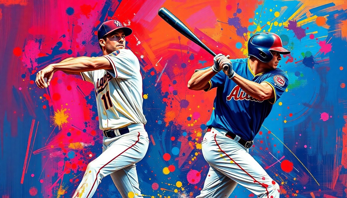 An abstract, expressionist painting featuring bold, neon-colored brushstrokes capturing the dynamic motion and energy of a baseball pitcher delivering a pitch and a batter swinging, with the players' faces and uniforms blending into the vibrant, unstructured composition.