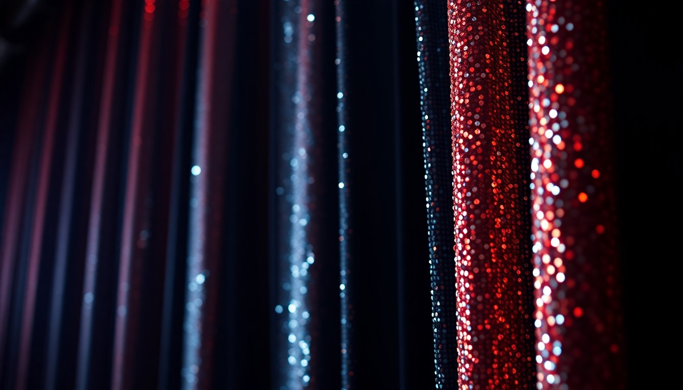An extreme close-up of a shimmering, sequined theater curtain in dramatic, high-contrast studio lighting, capturing the glitz and glamour of the Broadway stage.