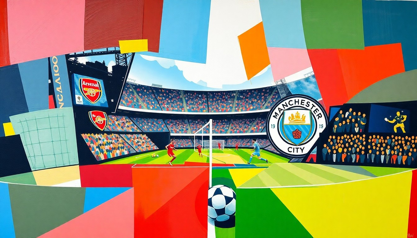 A cubist, geometric painting depicting a fractured, multi-angled view of a Premier League football match, with the vibrant colors of the Arsenal and Manchester City teams' official palettes used to represent the players and action on the field.