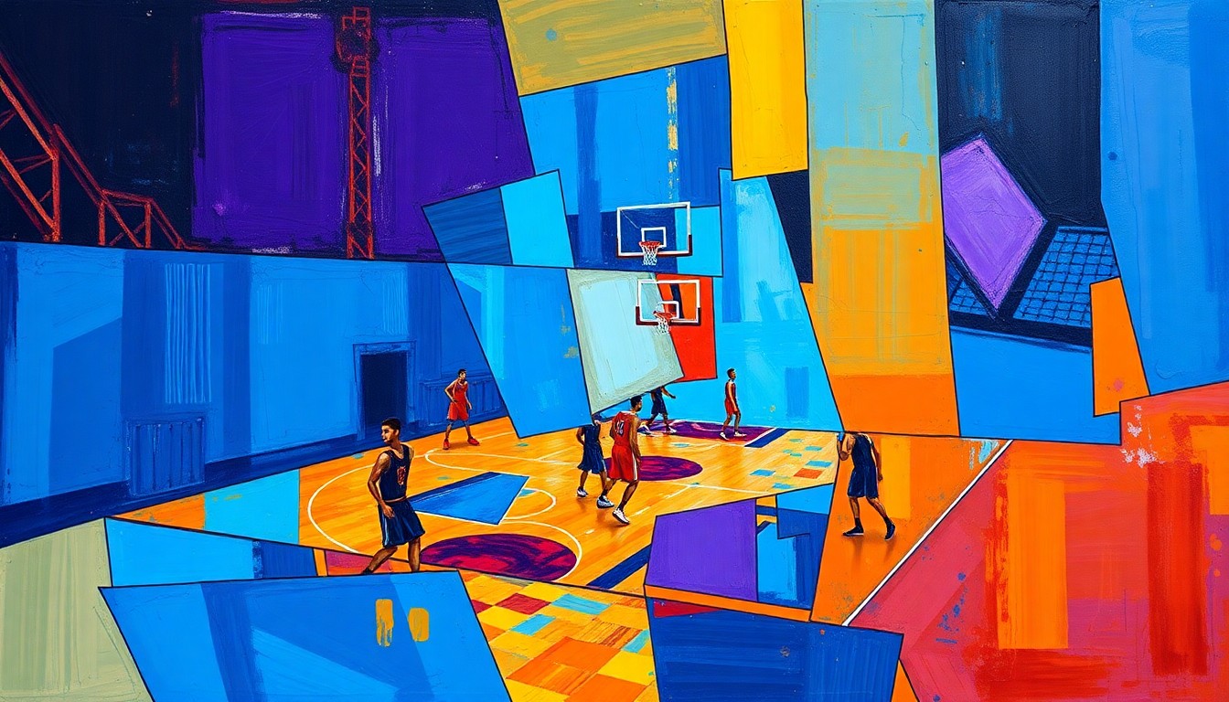 A cubist, geometric painting depicting a fragmented basketball court and players, with vibrant colors and sharp, overlapping planes, conceptually representing the challenges and adaptations facing the Chicago Sky during their temporary training camp move.