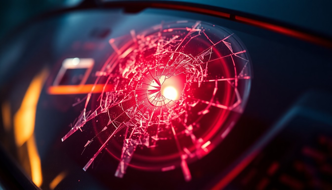 An extreme close-up of a shattered car sensor lens reflecting a faint red light, conceptually illustrating the vandalism of self-driving cars.