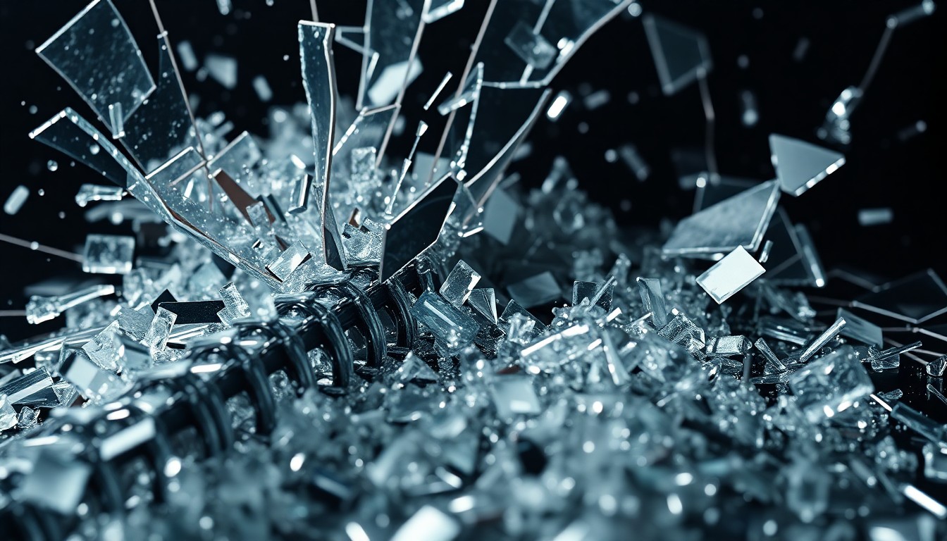 An abstract, high-contrast close-up photograph of shattered glass and twisted metal, conveying the emotional impact and conceptual meaning of an on-set accident in the entertainment industry.
