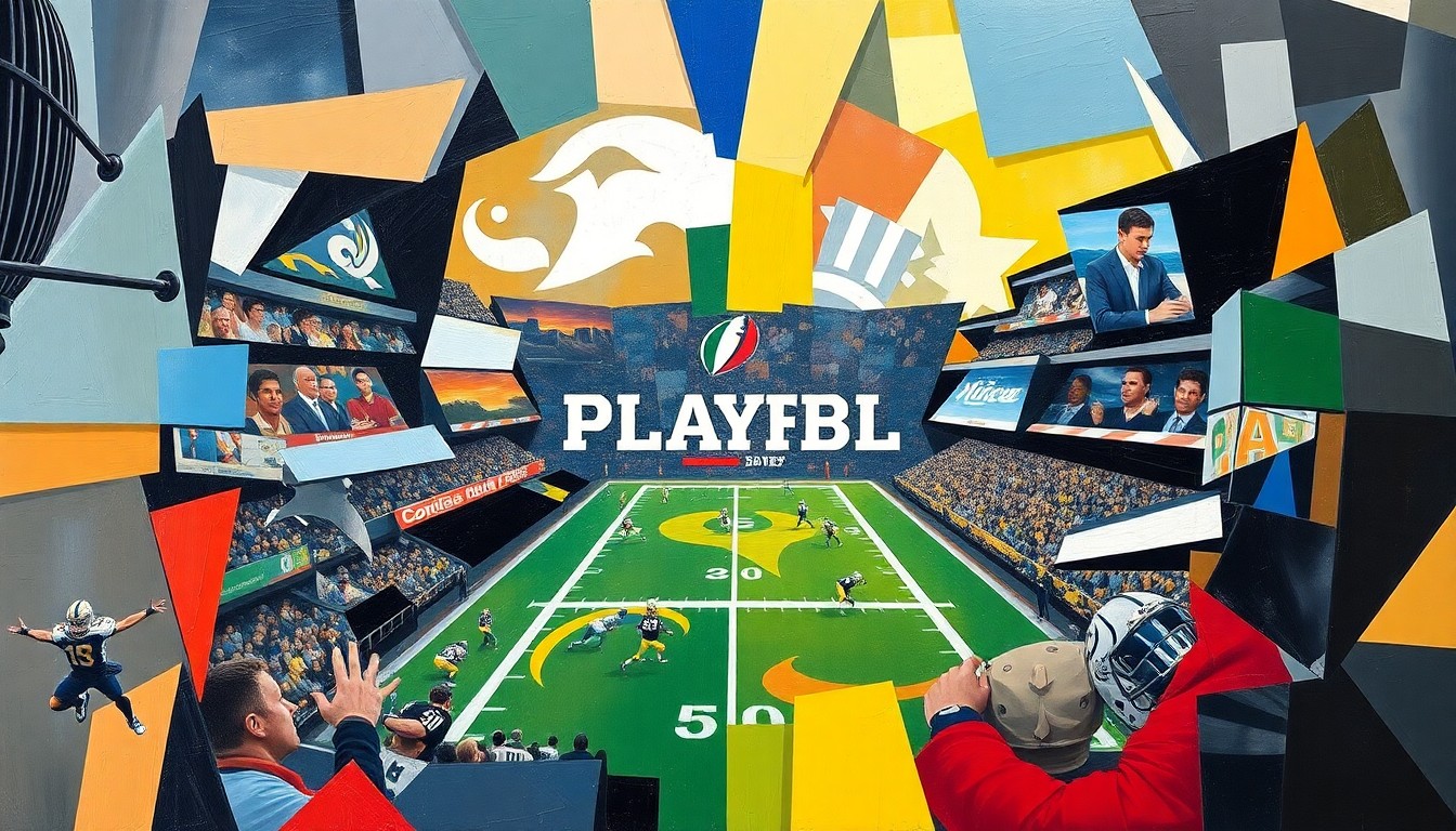 A cubist, geometric painting depicting a fragmented, multi-angle view of a college football game, conceptually representing the bold ideas to reshape the playoff format.