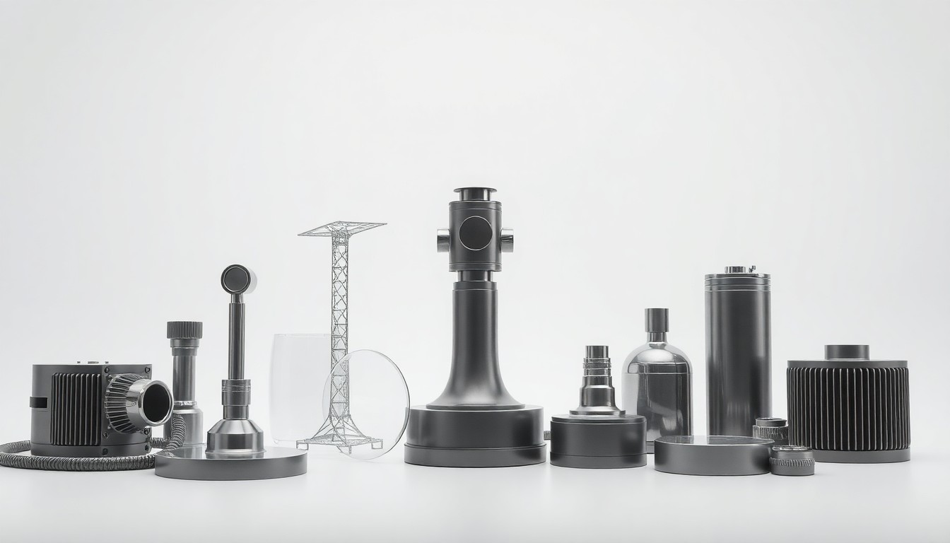 A minimalist studio still life featuring a collection of sleek, metallic objects arranged on a plain white background, conceptually representing the importance of reliable power and infrastructure.