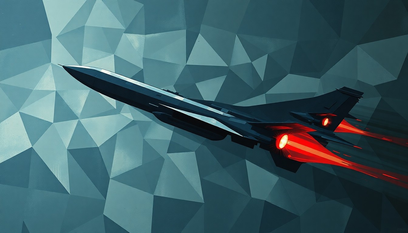 A fractured, abstract painting of a missile or drone in flight, with overlapping geometric shapes in dark blues, greys, and reds, conceptually representing the interconnected global conflicts.