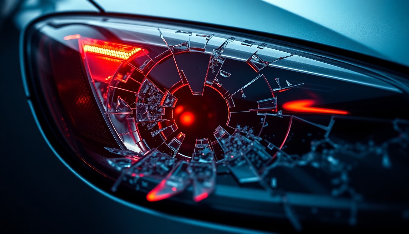 An extreme close-up of a shattered car sensor lens reflecting a faint red light, conceptually illustrating the vandalism of self-driving cars.