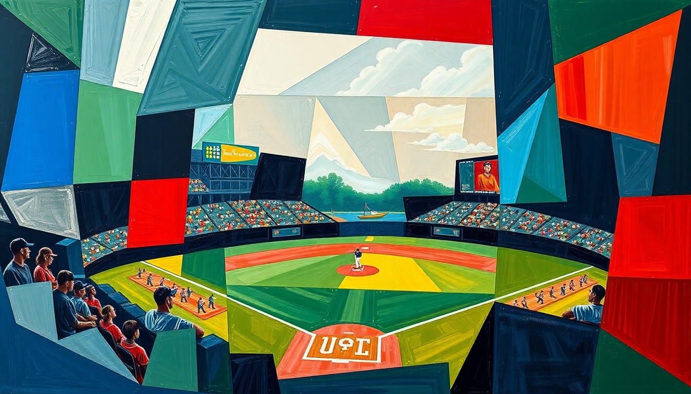 A cubist-style painting featuring sharp, overlapping geometric shapes in navy, green, and red, conceptually representing the back-and-forth action of a high-stakes college softball game.