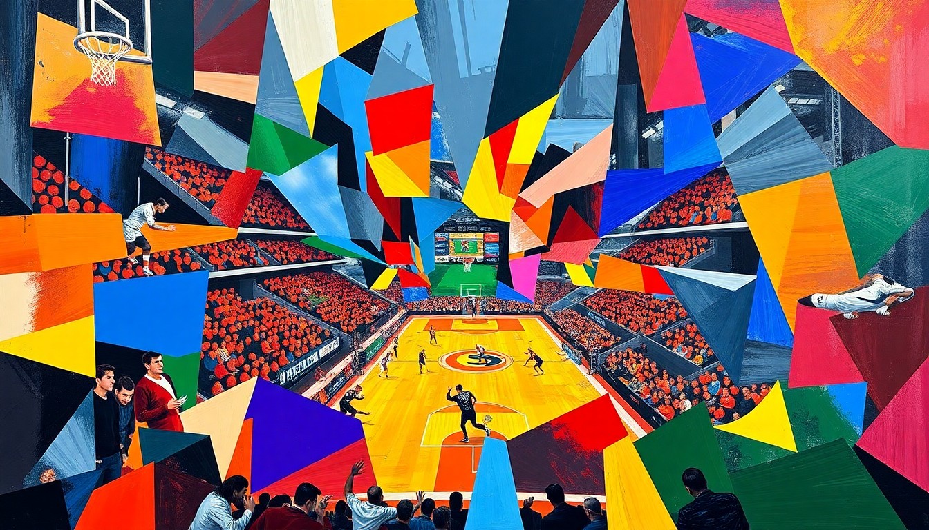 A fragmented, cubist-style painting depicting an intense arena football game, with the players and field broken down into overlapping geometric shapes in the team's colors.