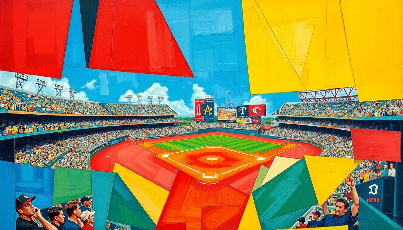 A fragmented, geometric painting in bold primary colors, capturing the dynamic energy and strategic complexity of a baseball game through Picasso's cubist lens.