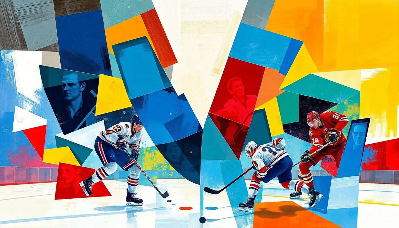 A fractured, cubist-style painting depicting a USHL hockey game, with sharp, overlapping geometric planes in the teams' official colors, capturing the raw energy and competition of the playoff matchups.