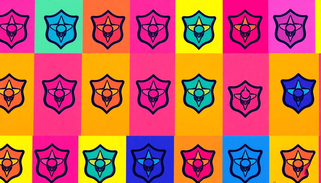 A bold, colorful silkscreen-style illustration featuring a repeating pattern of a stylized police or security badge icon in bright neon shades, conveying the importance of school safety measures.