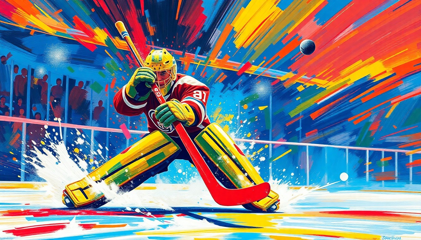 An abstract, expressionist painting featuring vibrant brushstrokes of neon blue, green, and orange, capturing the dynamic motion and energy of a hockey goaltender launching the puck down the ice in the final moments of a game.