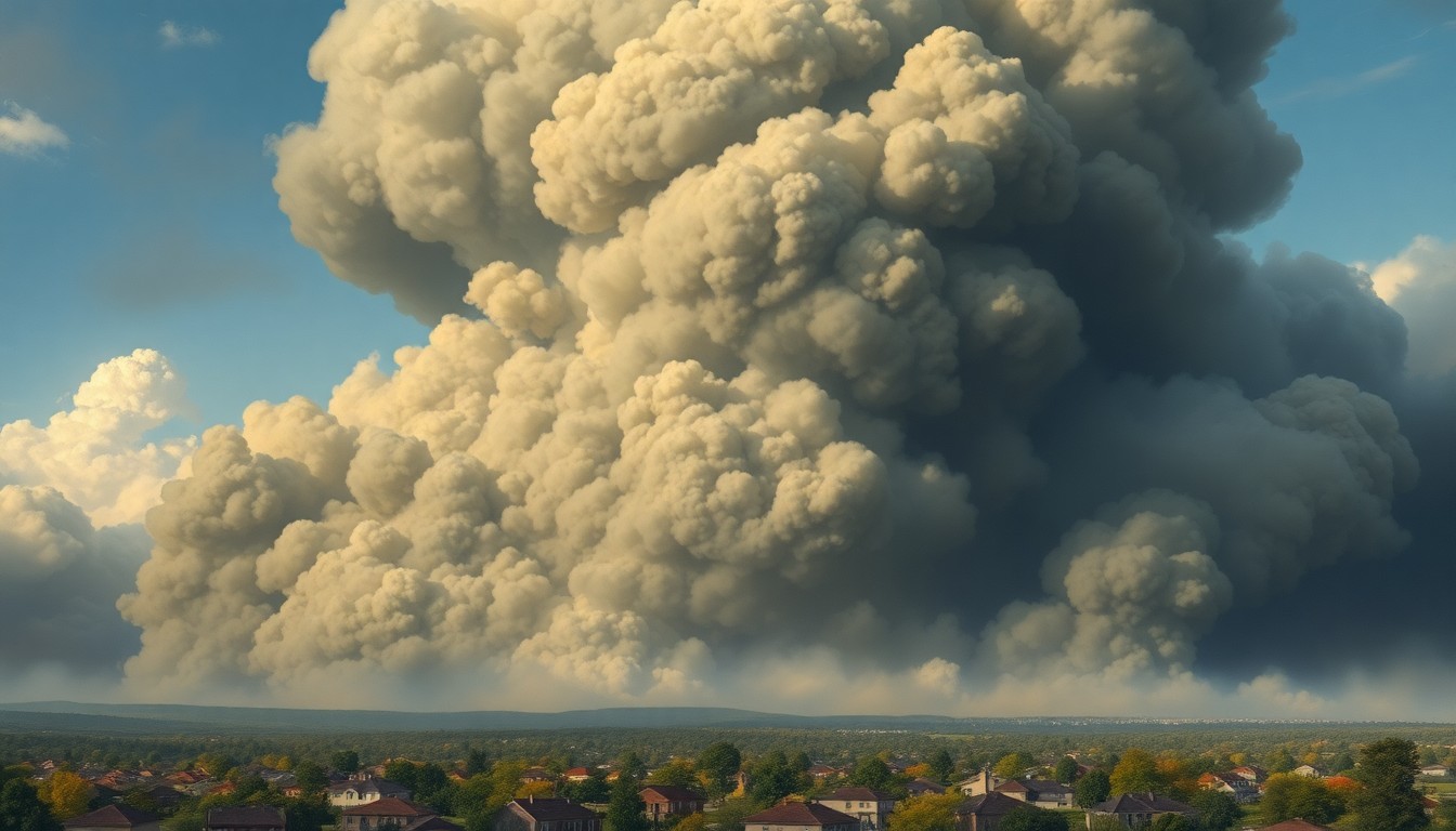 A sweeping, majestic landscape painting depicting a massive, billowing plume of dark smoke rising over a suburban neighborhood, dwarfing the small houses and trees below and conveying the overwhelming power of the natural disaster unfolding.