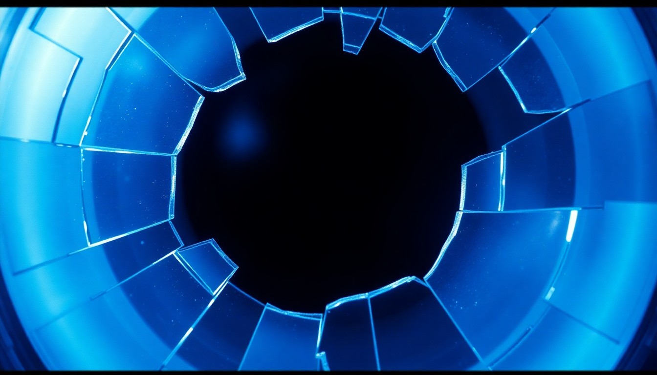 An abstract close-up image of a shattered glass lens reflecting a soft, blue-tinted light, conveying the visually stunning and immersive qualities of the classic science fiction film 2001: A Space Odyssey.