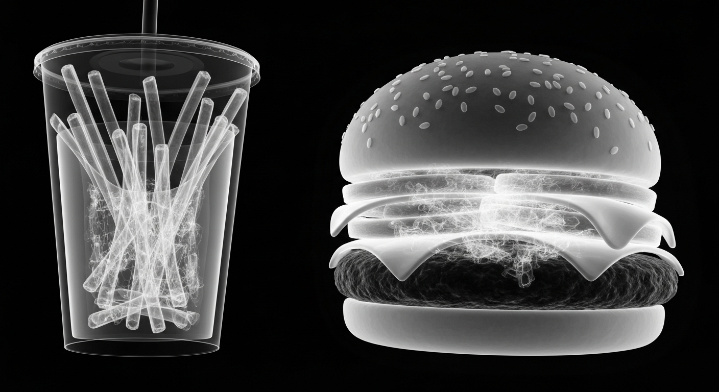 A ghostly, translucent X-ray photograph revealing the internal sodium-rich structures of a fast food burger, fries, and soda cup in glowing lines against a dark background, conceptually illustrating the hidden health risks of excessive sodium in restaurant meals.