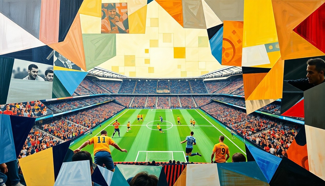 A cubist, geometric painting depicting an Atlanta United soccer match, with players and the field broken down into sharp, overlapping planes of color and shape.