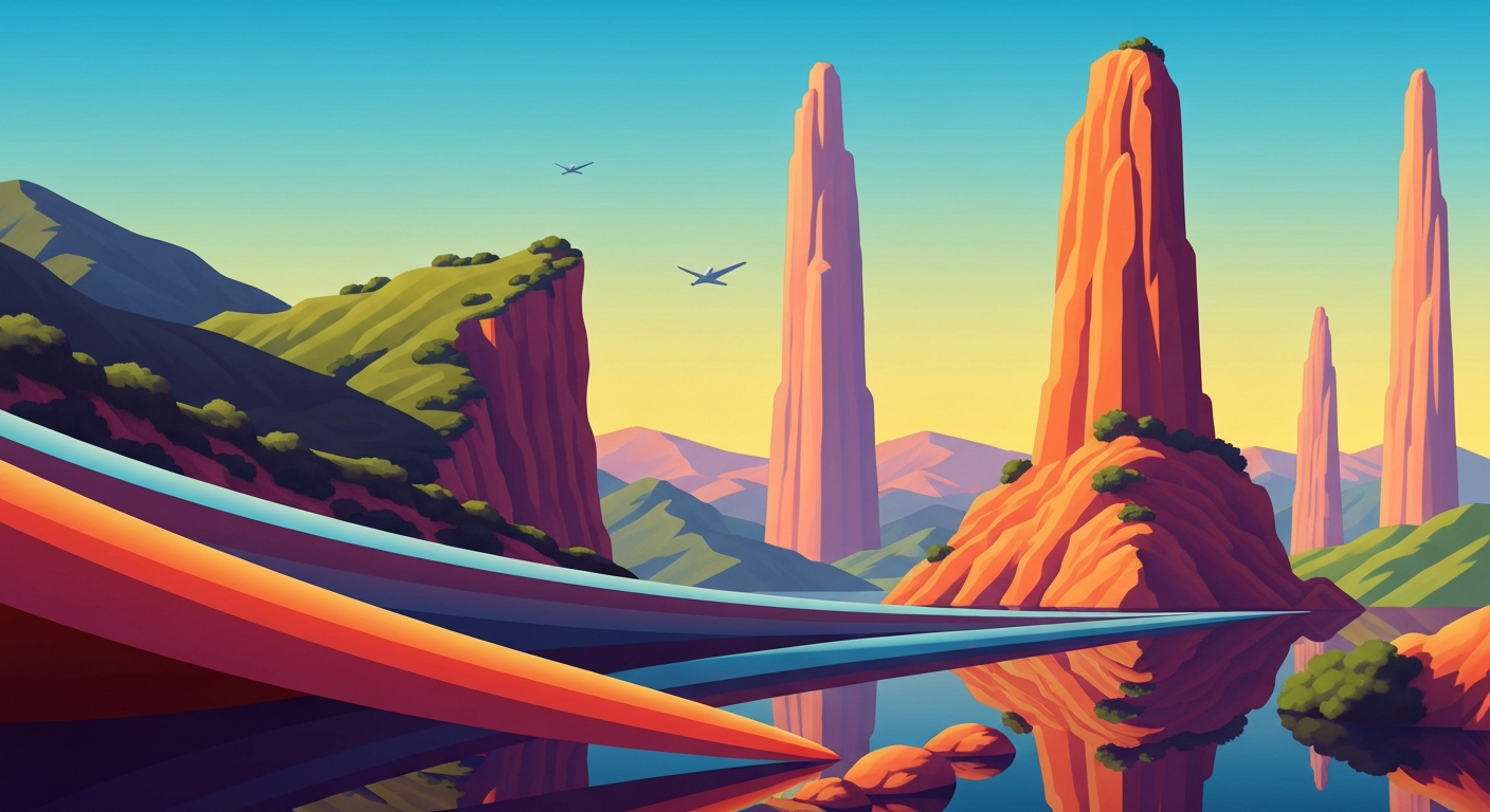 A bold, geometric illustration depicting the dramatic landscape of Catalina Island with towering, streamlined forms, conveying a sense of the scale and grandeur of the island's terrain without any literal depiction of the plane crash or its victims.