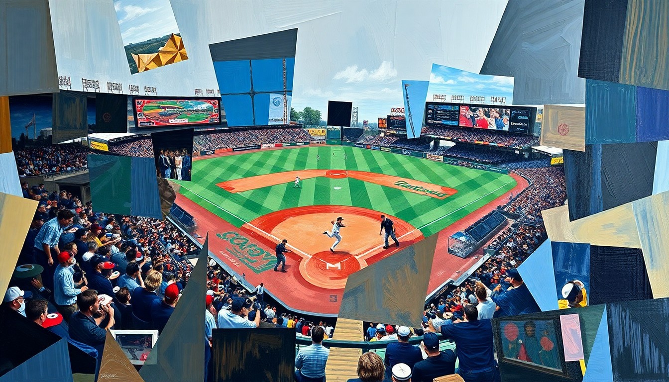 A fragmented, geometric painting depicting the action and energy of a baseball game, with players and field elements broken down into sharp, overlapping shapes and planes.