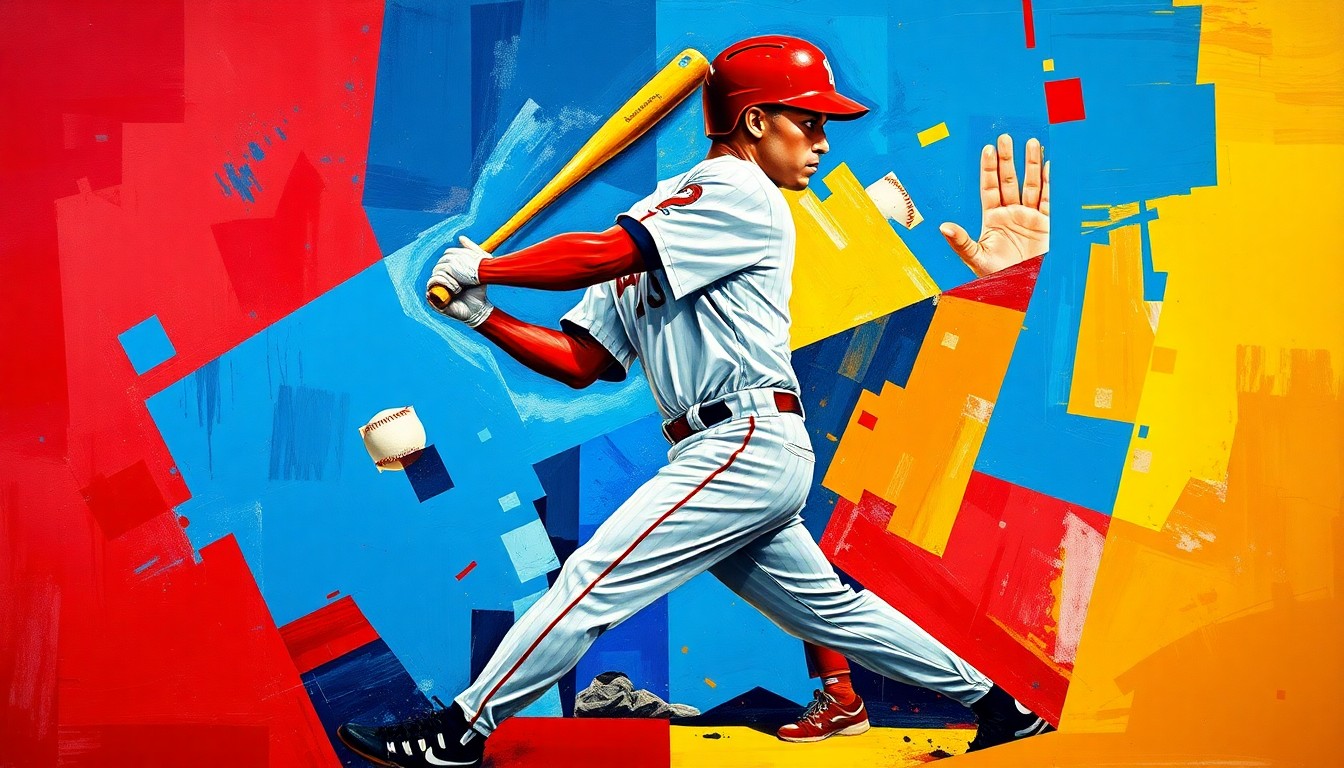 A fragmented, cubist-style painting depicting the geometric shapes and planes of a baseball player's batting motion, rendered in bold, vibrant colors.