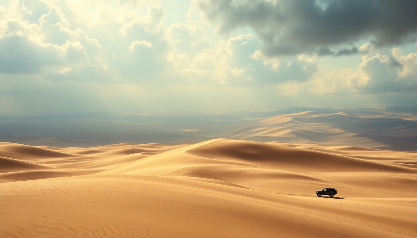 A vast, majestic landscape painting depicting the sweeping, windswept dunes and beach of the Oceano Dunes, with the natural environment dwarfing any signs of human presence or activity.