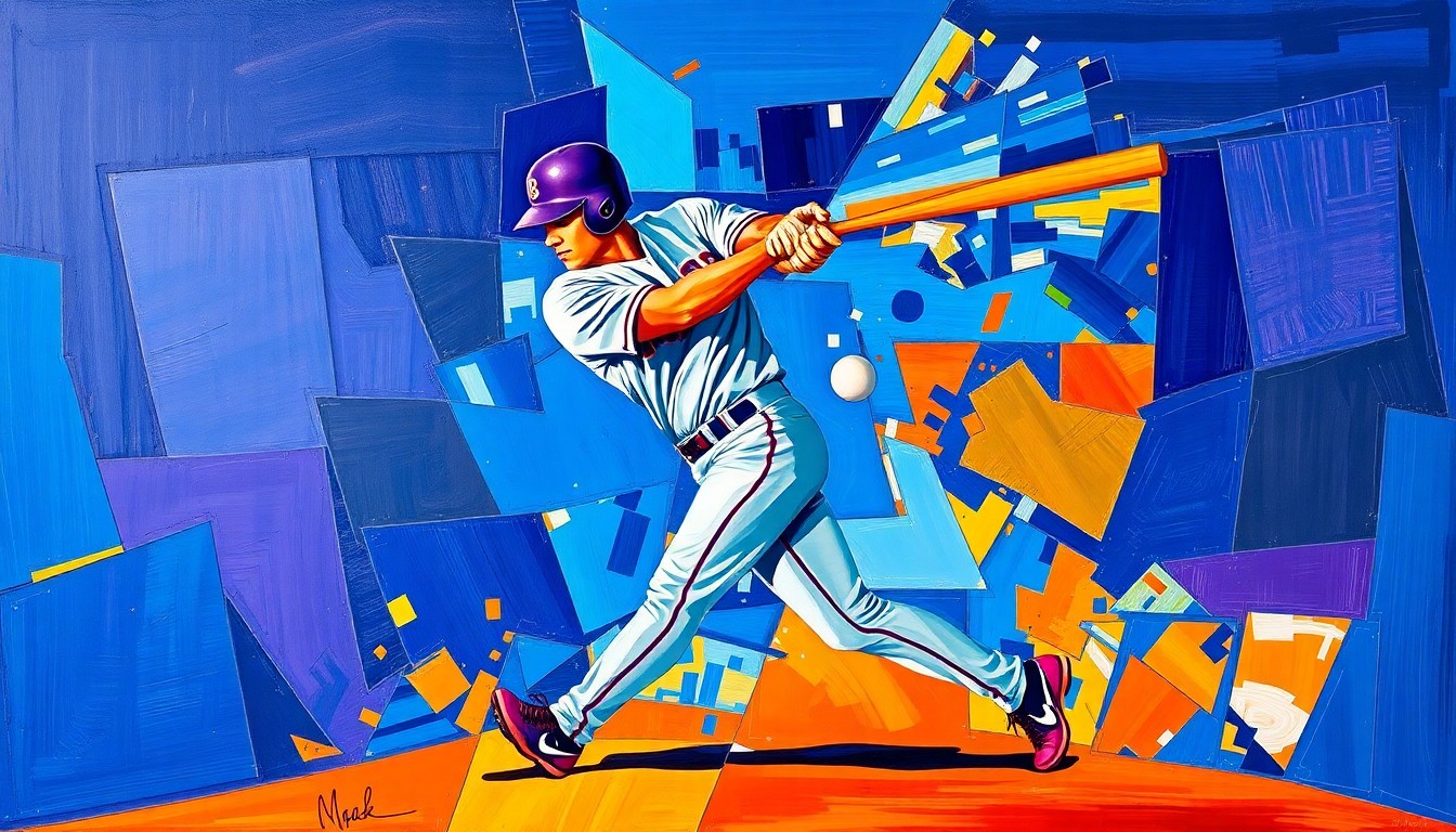 A cubist-style painting featuring sharp, overlapping geometric shapes in vibrant colors like blue, orange, and purple, conceptually representing the explosive power and movement of a baseball player's home run swing.