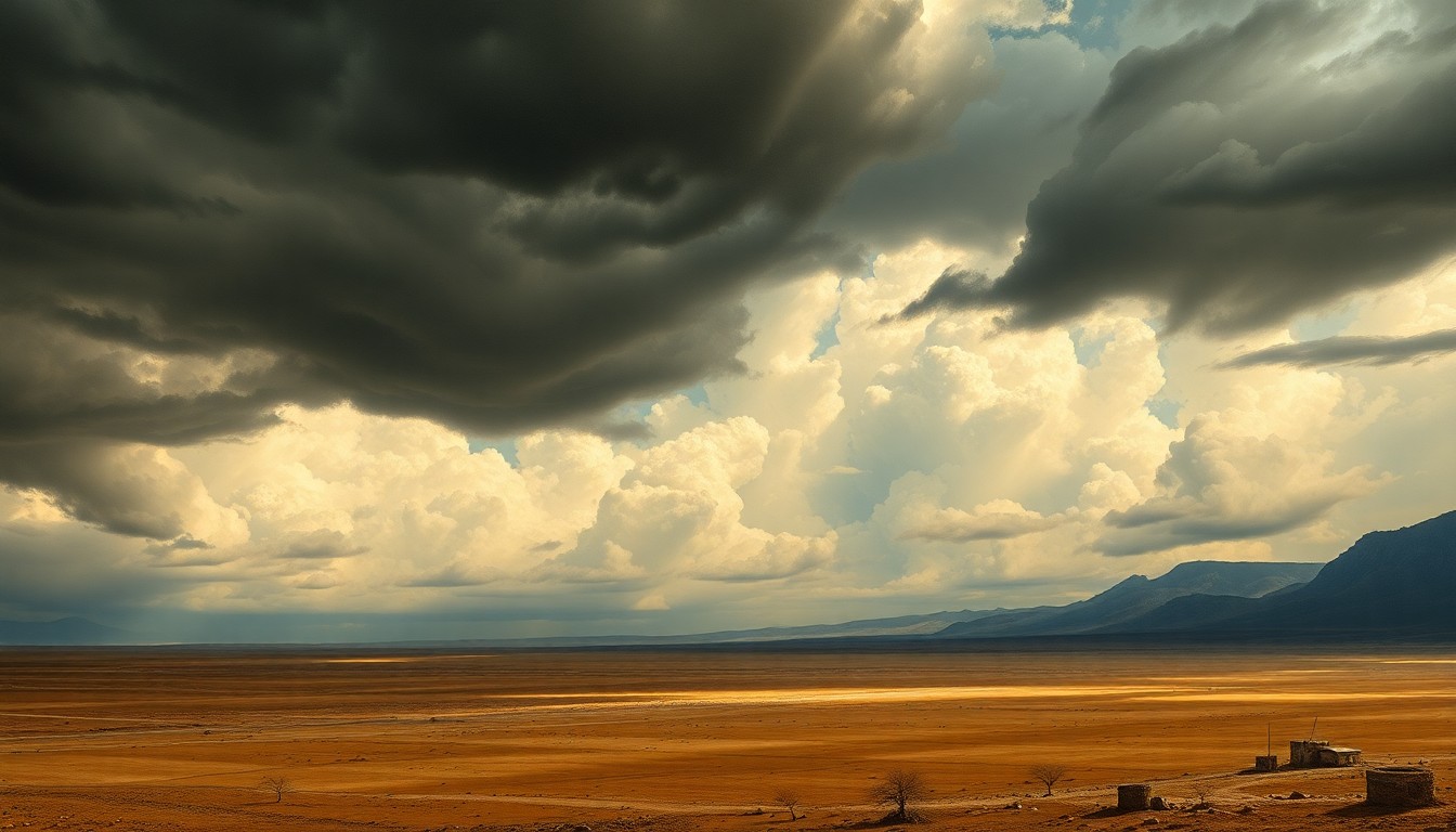 A dramatic, atmospheric landscape painting in muted earth tones, with a sweeping, ominous sky filled with heavy clouds looming over a parched desert scene, conveying the overwhelming power of nature and the threat of impending wildfire.