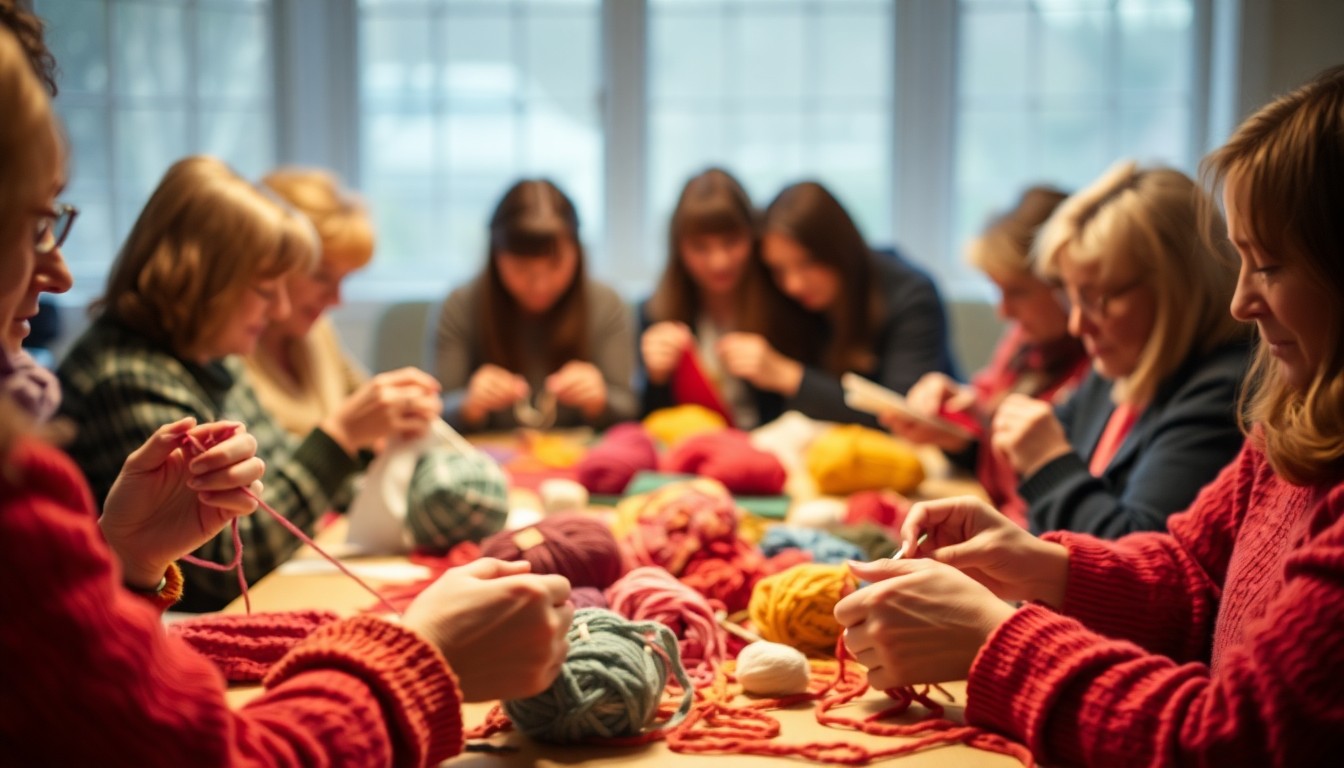 An extremely abstracted, out-of-focus photograph of knitters' hands and colorful yarn, creating a soft, warm, and textured composition that captures the communal spirit of the 'Knit for Food' event.