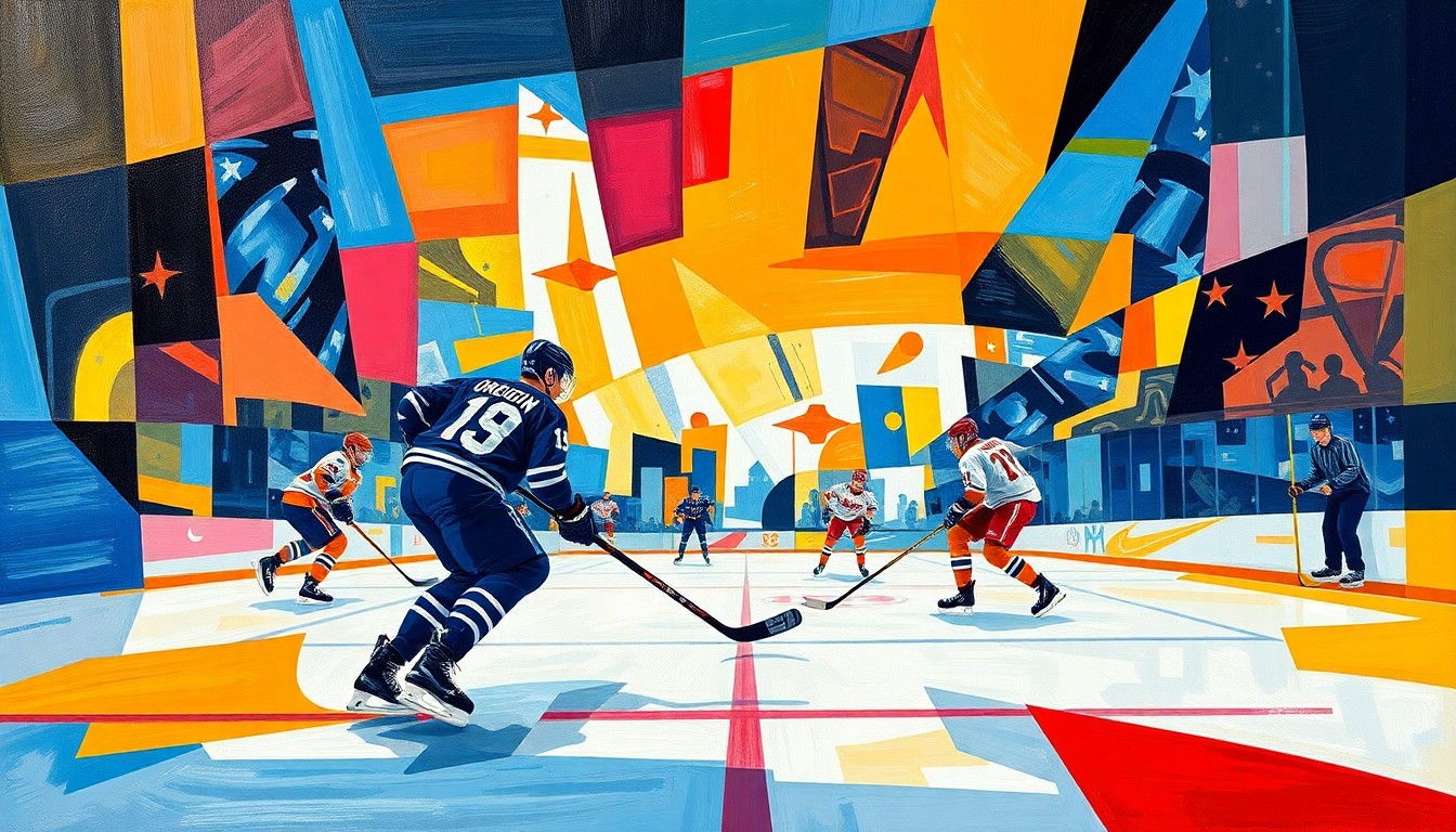 A cubist, geometric painting depicting a hockey game in motion, with sharp, overlapping planes of color representing the players and action on the ice.