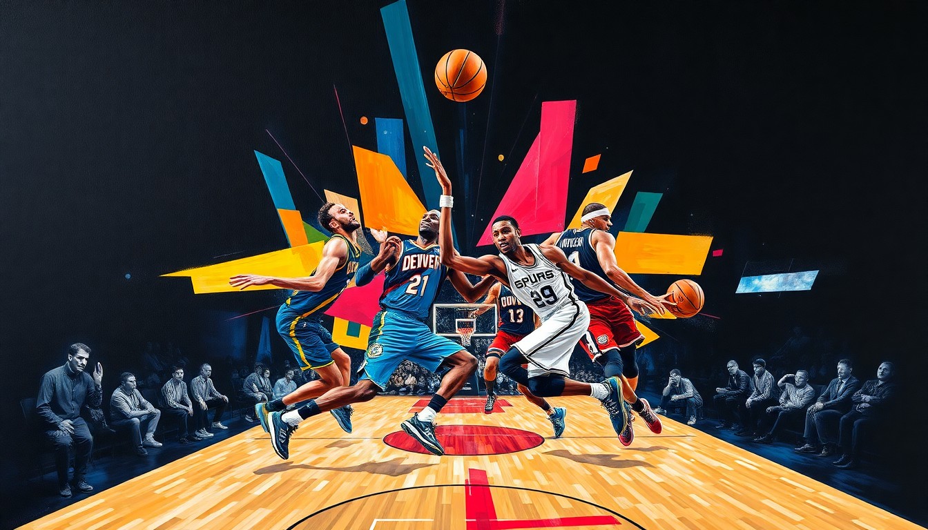 A cubist, geometric painting depicting a fractured basketball game, with sharp planes of color representing the players and court in an abstract, deconstructed style.