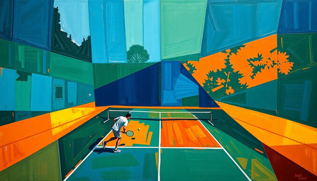 A cubist, geometric painting depicting a fragmented pickleball court and players, with overlapping planes of deep blue, forest green, and burnt orange, conveying the dynamic and expanding nature of the sport in Cincinnati.