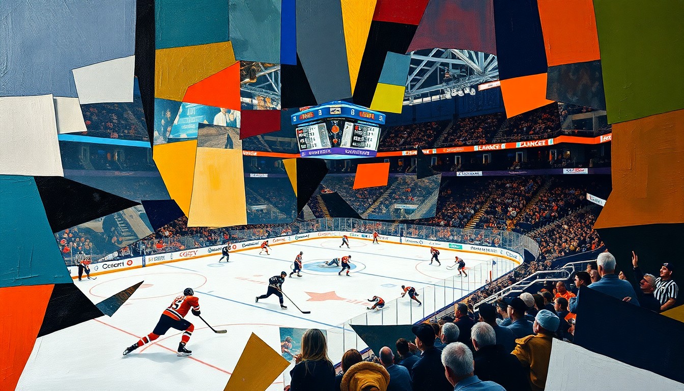 A cubist, geometric painting depicting a hockey game between the Edmonton Oilers and Los Angeles Kings, with the players and arena broken down into abstract shapes and planes of color, capturing the intensity and physicality of the match.