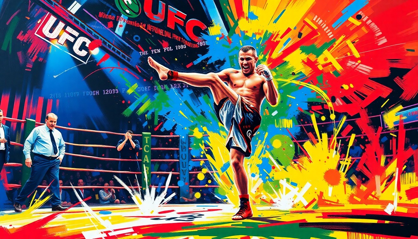 A vibrant, expressionist painting in neon colors capturing the raw energy and intensity of a fighter's dramatic victory, with no identifiable faces or logos.