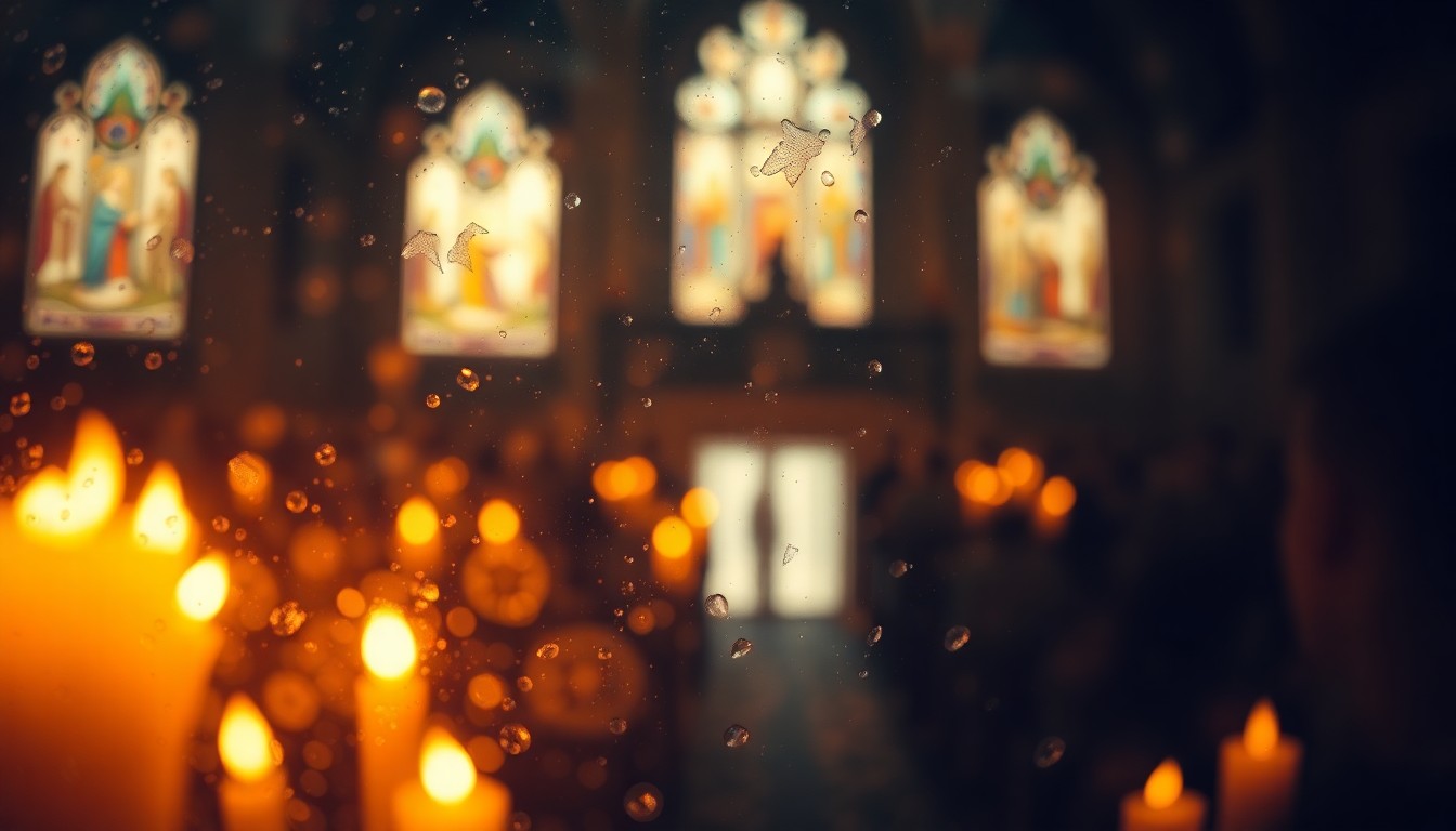 An abstract, impressionistic scene of glowing candlelight and blurred silhouettes, conveying a sense of reverence and community in a place of worship.