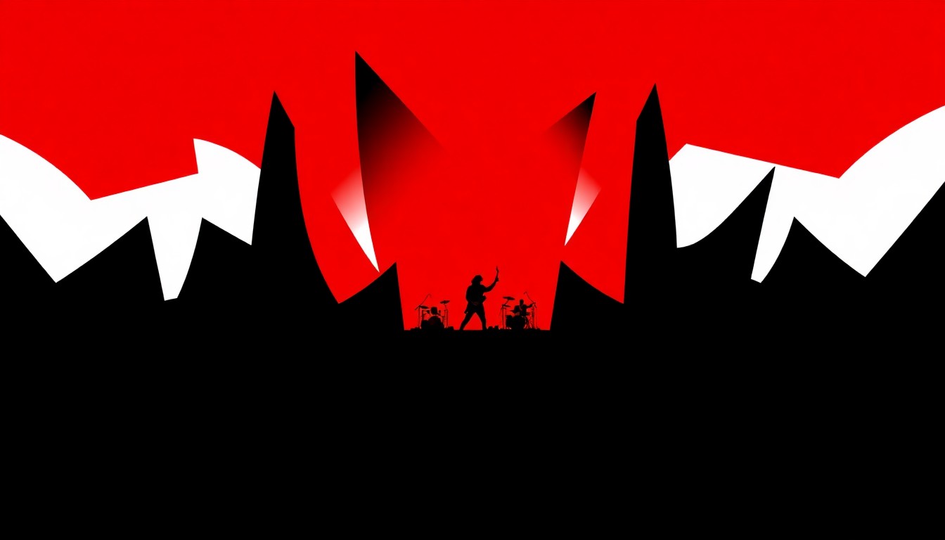An abstract, minimalist illustration featuring bold, jagged shapes in deep red, black, and white, capturing the energy and drama of a rock music performance at a major festival.