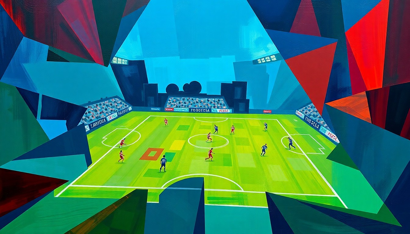A dynamic, geometric painting in bold colors depicts a soccer match from multiple angles, with players and the ball fragmented into sharp, overlapping shapes.