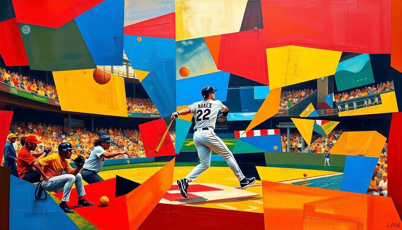 A fragmented, geometric painting depicting a baseball player's swing, with sharp planes of color and overlapping perspectives conveying the sport's raw athleticism.