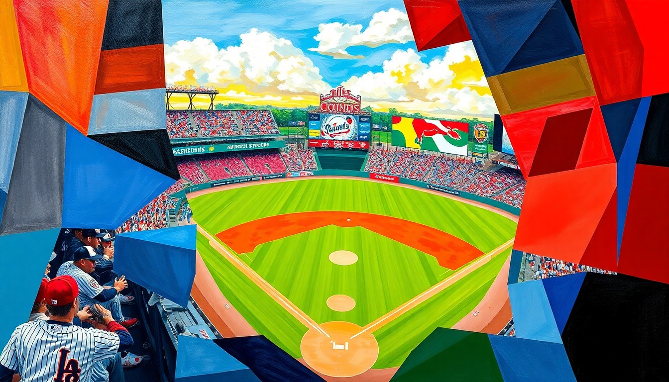 A fractured, geometric painting in bold colors depicting the action and energy of a baseball game, with players and the field deconstructed into overlapping planes and shapes.