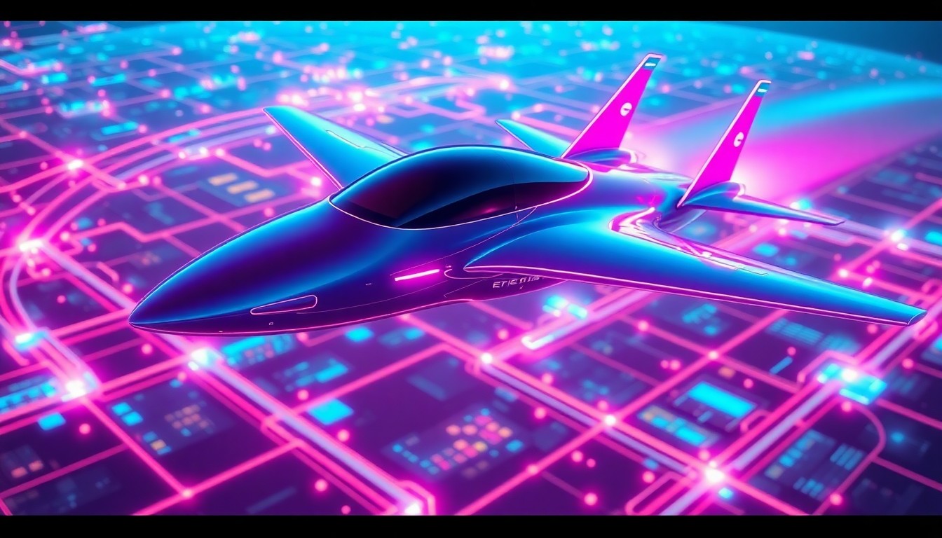 A highly detailed, glowing 3D illustration of a sleek, futuristic electric aircraft in flight, surrounded by a swirling, cybernetic landscape of interconnected data lines and glowing infrastructure, representing the advanced technology powering this new era of sustainable air travel.
