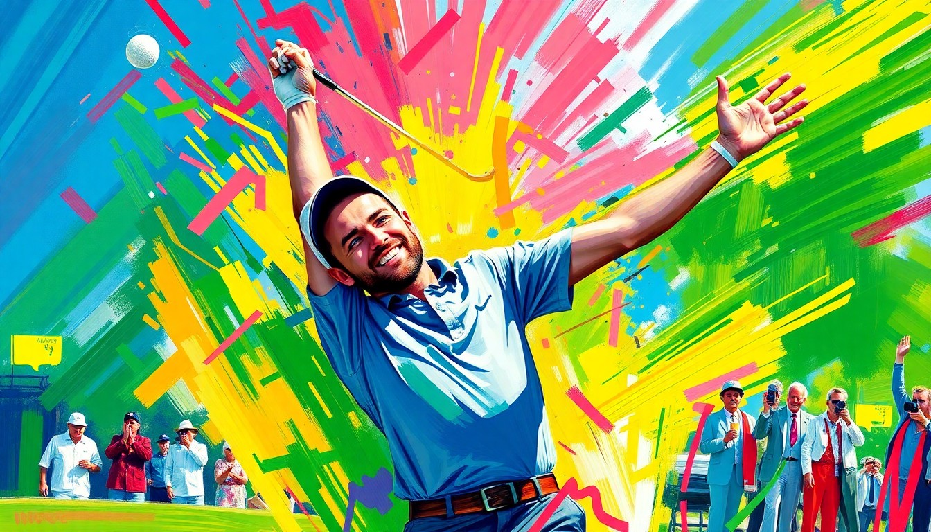 An abstract, expressionist painting in vibrant neon colors, capturing the dynamic motion and celebratory energy of a golfer's hole-in-one shot, with the golf ball seemingly exploding out of the canvas.