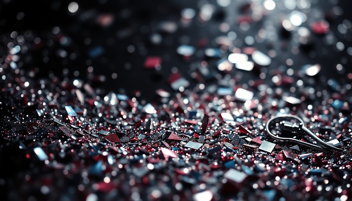 An extreme close-up photograph of shimmering, reflective sequins or shattered glass, capturing the glitz and energy of live theater through an abstract, high-contrast composition focused on texture and light.