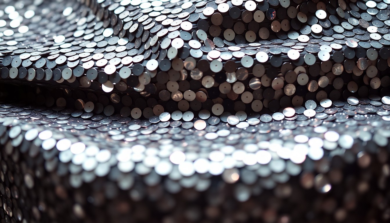 An extreme close-up of shimmering, high-contrast sequins captured in dramatic studio lighting, conceptually representing the glamour and financial savvy of a celebrity's multi-faceted career.