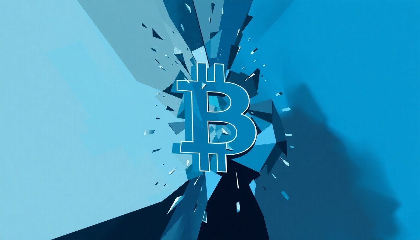 A dynamic, abstract painting of a falling Bitcoin symbol, rendered in overlapping, fractured geometric shapes in shades of blue, grey, and black, conceptually representing the volatility and uncertainty in the cryptocurrency market.