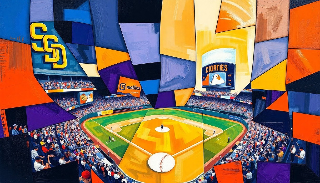 A cubist, multi-perspective painting in vibrant blues, oranges, purples, and blacks, breaking down a baseball game into sharp, overlapping geometric shapes and planes, conceptually representing the dynamic action and energy of the Padres' win over the Rockies.