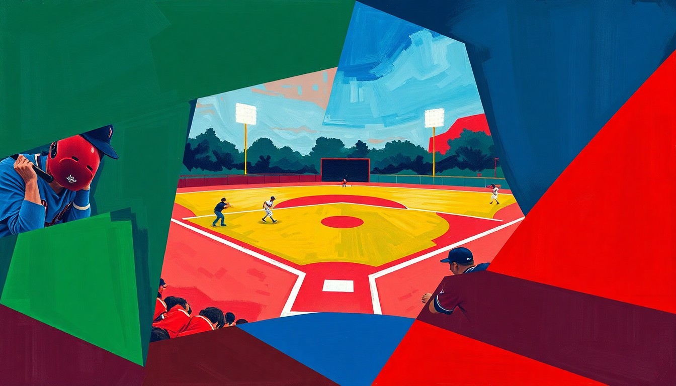 A fragmented, cubist-style painting depicting the dynamic motion and energy of a high school baseball or softball game, with players and the field broken down into sharp geometric shapes and planes of color.