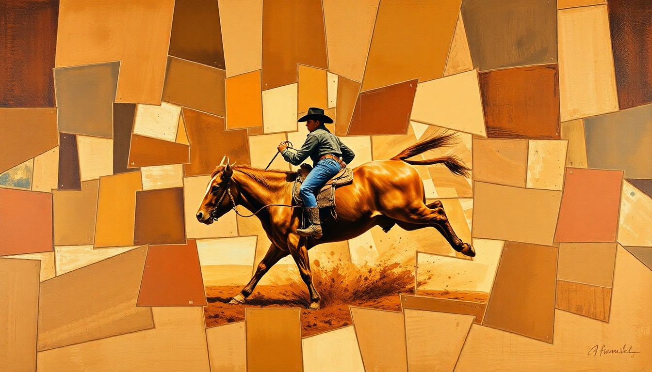 A fragmented, geometric painting depicting the dynamic movements and intense competition of a PRCA bull riding event, with overlapping planes of earthy colors and no discernible figures or text.