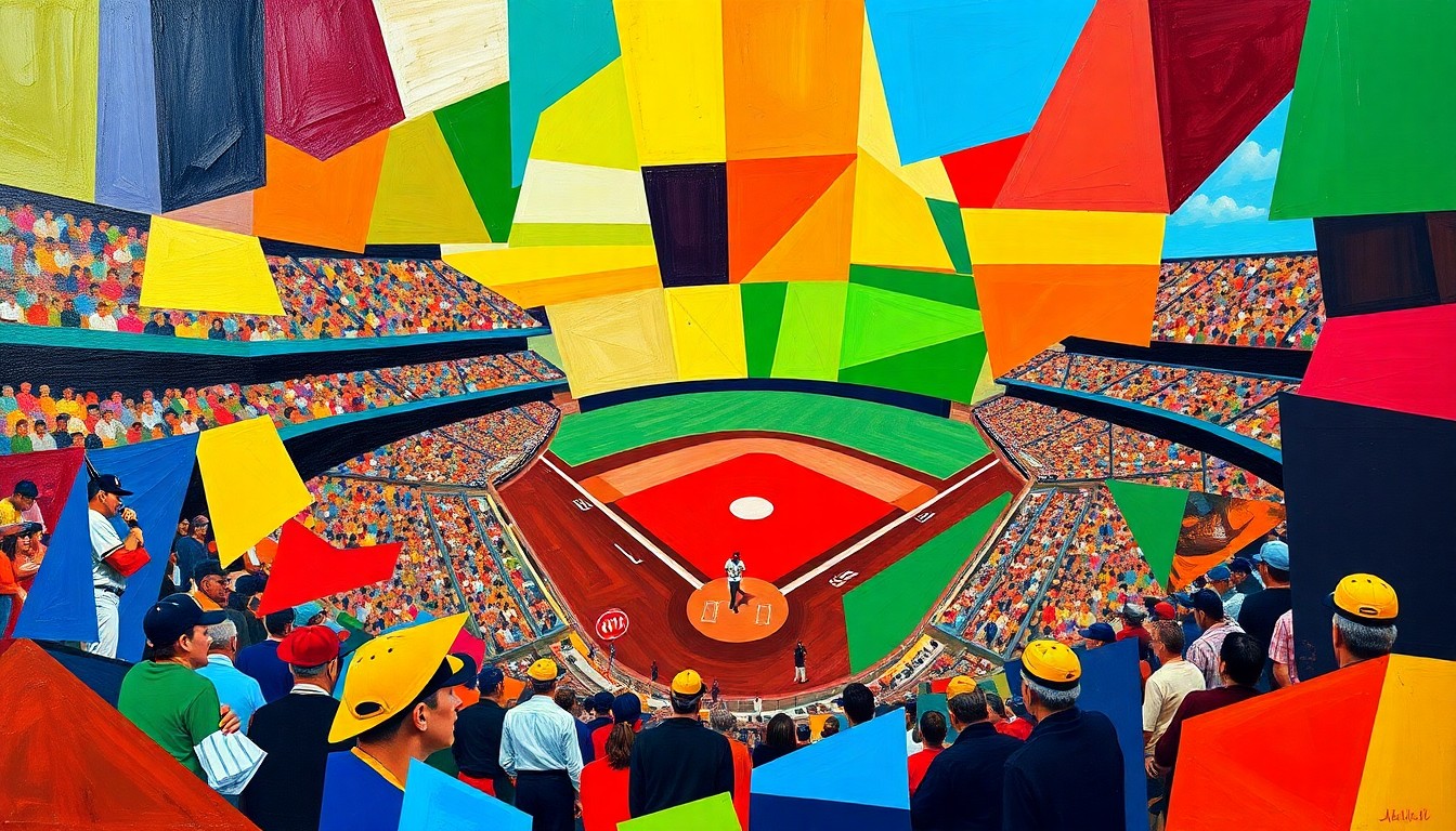 A fragmented, geometric painting in bold primary colors depicting the motion and energy of a baseball double play, with overlapping planes and sharp angles representing the dynamic action on the field.